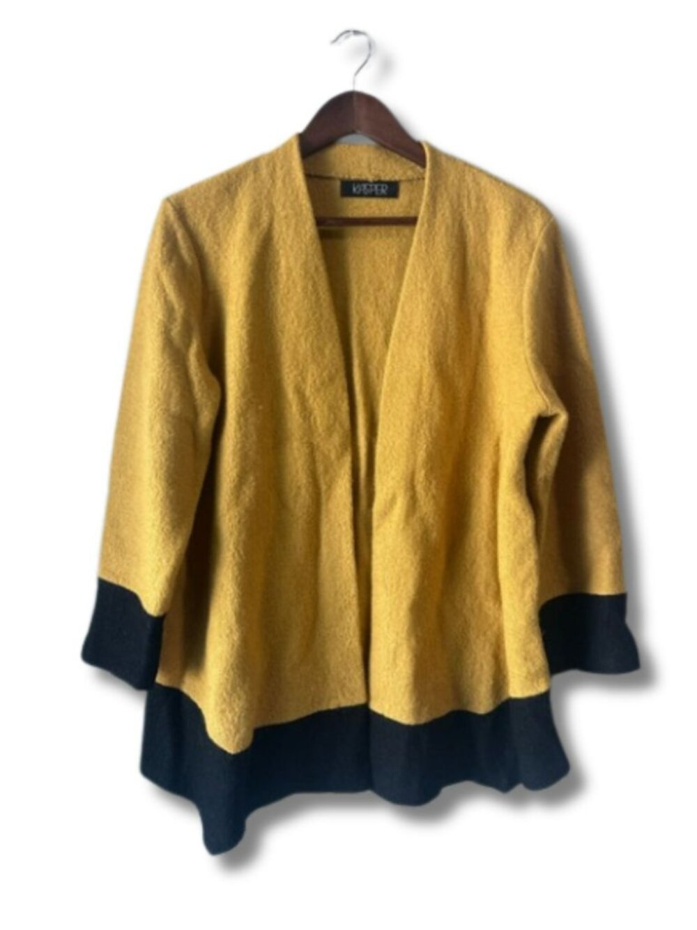 Kasper Mustard Yellow Black Colorblock Boiled Wool Blend Open Front Cardigan L